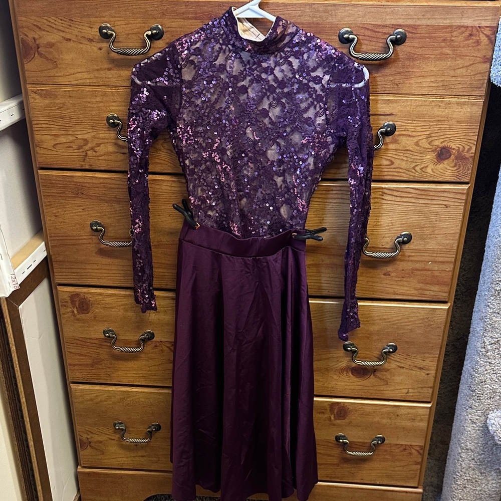 Chic Purple Sequin Long Sleeve Two Piece Dance Dress for Kids